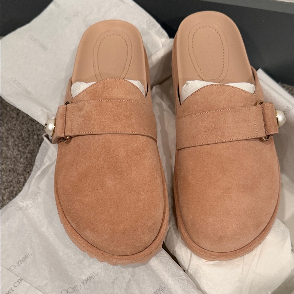 Jimmy Choo Velvet Suede Mules with Pearl Detail